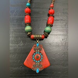 Bright, statement necklace with wooden beads